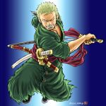  1boy dark-skinned_male dark_skin fighting_stance green_hair green_kimono holding holding_sword holding_weapon incoming_attack japanese_clothes jumping katana kimono kokorozashi looking_at_viewer male_cleavage male_focus navel one_piece open_clothes open_kimono pectorals roronoa_zoro scar scar_across_eye sheath short_hair solo sword toned toned_male unsheathing weapon 