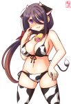  1girl alternate_costume animal_ears animal_print ariake_(kancolle) artist_logo bangs bell bikini black_hair brown_hair commentary_request covered_nipples cow_ears cow_horns cow_print cow_tail cowbell cowboy_shot dated fake_animal_ears fake_horns front-tie_top gradient_hair hair_over_one_eye horns kanon_(kurogane_knights) kantai_collection long_hair looking_at_viewer low_ponytail lowleg lowleg_bikini multicolored_hair one-hour_drawing_challenge purple_eyes side-tie_bikini simple_background solo swimsuit tail thighhighs white_background white_bikini white_legwear 