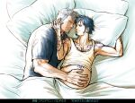  2boys beard bed black_hair blue_shirt cigar couple eye_contact facial_hair goatee hand_on_another&#039;s_stomach kokorozashi long_sideburns looking_at_another lying male_cleavage male_focus male_pregnancy mature_male multiple_boys navel on_back on_bed one_piece pectorals pillow shirt short_hair sideburns sidepec smile smoker_(one_piece) smoking stubble sunlight tank_top toned toned_male trafalgar_law veins white_hair yaoi yellow_tank_top 