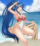  1girl :d absurdres alternate_costume arm_up armpits bare_shoulders beach blue_eyes blue_hair blurry blurry_background braid breasts cleavage commentary cowboy_shot depth_of_field fire_emblem fire_emblem:_the_sacred_stones fire_emblem_heroes hazuki_(nyorosuke) highres large_breasts long_hair ocean official_alternate_costume one-piece_swimsuit open_mouth outdoors ponytail showgirl_skirt side_braids smile solo swimsuit tana_(fire_emblem) twin_braids very_long_hair 