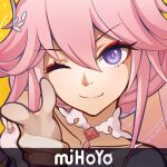  1girl animal_ears bang_(gesture) bangs bride close-up closed_mouth company_name dress finger_gun fox_ears hair_between_eyes hair_ornament honkai_(series) honkai_impact_3rd index_finger_raised looking_at_viewer nalukikiki one_eye_closed parody pink_hair pointing pointing_at_viewer portrait smile solo wedding_dress yae_sakura yae_sakura_(flame_sakitama) yellow_background 