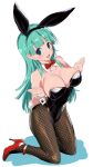 1girl :d animal_ears aqua_eyes bad_id bad_pixiv_id bangs black_legwear black_leotard blue_eyes blunt_bangs bow bowtie breasts bulma cleavage commentary_request detached_collar dragon_ball dragon_ball_(classic) eyebrows_visible_through_hair fake_animal_ears fake_tail fishnet_legwear fishnets full_body high_heels highres kneeling large_breasts leotard long_hair looking_at_viewer open_mouth pantyhose playboy_bunny rabbit_ears rabbit_tail red_bow red_footwear red_neckwear simple_background smile solo strapless strapless_leotard tail upper_teeth white_background wrist_cuffs yaegashi_nan 