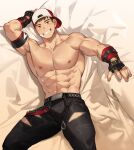  1boy abs artist_request backwards_hat bandaid bandaid_on_cheek bara baseball_cap belt black_pants bulge check_artist clothing_cutout commission denim grin haozz hat highres jeans large_pectorals looking_at_viewer lying male_focus muscular muscular_male nipples on_back on_bed original pants pectorals second-party_source shirtless short_hair sideburns smile solo stomach thick_thighs thigh_cutout thighs 