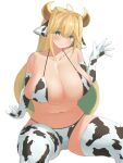  1girl ahoge animal_ears animal_print arm_support bangs bikini blonde_hair blush breasts cleavage closed_mouth collarbone colored_inner_hair cow_ears cow_horns cow_print curvy elven_forest_maker eyebrows_visible_through_hair furrowed_brow green_eyes green_hair highres horns huge_breasts last_origin long_hair micro_bikini multicolored_hair narodenden navel simple_background sitting skindentation smile solo swimsuit symbol-shaped_pupils thighhighs two-tone_hair very_long_hair waving white_background 