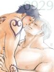  2boys bara beard black_hair black_shirt blush couple facial_hair goatee imminent_kiss implied_sex kiss kokorozashi long_sideburns male_focus mature_male multiple_boys muscular muscular_male one_piece pectorals shirt short_hair sideburns smile smoker_(one_piece) stubble trafalgar_law upper_body white_hair yaoi 