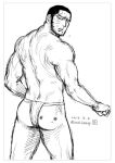  1boy ass back bara beard black_hair blush buzz_cut facial_hair feet_out_of_frame from_behind golden_kamuy greyscale kokorozashi loincloth long_sideburns looking_at_viewer male_focus mature_male monochrome muscular muscular_male short_hair sideburns sketch solo stubble tanigaki_genjirou tearing_up thick_eyebrows thighs underwear underwear_only very_short_hair 