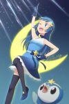  1girl ;d absurdres arm_up bangs beads black_legwear blue_dress blue_eyes blue_footwear blue_gloves blue_hair blurry blurry_foreground blush commentary crescent crescent_hair_ornament dawn_(pokemon) dress english_commentary gen_4_pokemon gloves gradient_dress hair_ornament highres long_hair looking_up one_eye_closed open_mouth piplup pokemon pokemon_(anime) pokemon_(creature) pokemon_swsh_(anime) scarletsky shoes signature sleeveless sleeveless_dress smile thighhighs tongue upper_teeth 