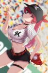  1girl baseball baseball_cap baseball_mitt belt belt_buckle black_choker black_headwear black_shorts blush bra bra_peek breasts buckle chiba_lotte_marines choker cleavage closed_mouth collarbone crop_top dutch_angle eyepatch fox_shadow_puppet hair_ribbon hat highres hololive houshou_marine large_breasts leaning_forward looking_at_viewer navel one_eye_covered ponytail red_bra red_eyes red_hair red_ribbon ribbon shooot108 short_shorts shorts skindentation smile solo stomach striped thigh_strap underwear vertical_stripes virtual_youtuber 