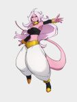  1girl android_21 bracelet breasts choker cleavage colored_skin dragon_ball dragon_ball_fighterz full_body grey_background jewelry kemachiku long_hair majin_android_21 medium_breasts midriff outstretched_arms pink_hair pink_skin red_eyes simple_background smile solo tail yellow_choker 