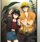  1boy 1girl bangs black_hair black_headwear black_nails blue_skirt bracelet brown_hair casual collared_shirt colored_tips cowboy_shot crop_top crossed_arms eyeliner eyeshadow flower flower-shaped_pupils frown genshin_impact ghost gradient_hair hair_between_eyes hand_on_own_chin hand_up hat holding holding_phone hu_tao_(genshin_impact) jacket jewelry lips long_hair long_pants long_sleeves makeup midriff multicolored_hair multiple_rings open_clothes open_jacket orange_hair orange_shirt pants pendant phone plant plum_blossoms red_eyes red_eyeshadow ring rochichan selfie shirt sidelocks signature skirt smile standing star-shaped_pupils star_(symbol) symbol-shaped_pupils taking_picture teeth thumb_ring timestamp twitter_username v very_long_hair white_shirt yellow_eyes yellow_headwear zhongli_(genshin_impact) 