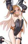  1girl abigail_williams_(fate) animal_ears armpits arms_up bangs bare_legs blonde_hair blue_eyes blush detached_sleeves fate/grand_order fate_(series) flat_chest kopaka_(karda_nui) long_hair looking_at_viewer parted_bangs playboy_bunny rabbit_ears simple_background smile solo thigh_gap white_background 