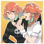  2girls black_nails braid closed_eyes crmanzana earrings eyewear_chain feather_earrings feathers glasses gradient_hair headpat highres hololive hololive_english jewelry mother_and_daughter multicolored_hair multiple_girls open_mouth orange_hair semi-rimless_eyewear shirt striped striped_shirt takanashi_kiara takanashi_kiara&#039;s_mother twin_braids under-rim_eyewear virtual_youtuber 