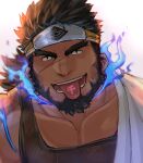  1boy bara beard black_hair blue_fire dark-skinned_male dark_skin face facial_hair fire forehead_protector forked_eyebrows hadanugi_dousa highres hiraga0613 looking_at_viewer male_cleavage male_focus mature_male muscular muscular_male ninja pectorals sandayu_(tokyo_houkago_summoners) see-through short_hair solo tied_hair tokyo_houkago_summoners tongue tongue_out tongue_tattoo upper_body 