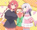  3girls black_shirt blue_eyes blush bohegao breasts brown_hair capelet dragon_girl dragon_horns etyaduke forehead frilled_capelet frills green_eyes green_shirt heart heart_in_mouth horns huge_breasts ilulu_(maidragon) kanna_kamui kobayashi-san_chi_no_maidragon long_hair long_sleeves low_twintails multiple_girls open_mouth orange_skirt parted_lips pointy_ears purple_hair red_eyes red_hair saikawa_riko shirt silver_hair skirt slit_pupils thighhighs twintails white_legwear 