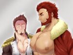  2boys bara bare_pectorals beard blood blue_eyes blush breast_envy brown_hair bursting_pectorals dark-skinned_male dark_skin facial_hair fate/grand_order fate_(series) from_side goatee highres interracial iskandar_(fate) kaido_(62145659) large_pectorals long_sideburns looking_at_another looking_down male_cleavage male_focus mature_male meme multiple_boys muscle_envy muscular muscular_male napoleon_bonaparte_(fate) nipples nosebleed pectoral_envy_(meme) pectoral_focus pectorals red_hair scar scar_on_chest short_hair sideburns upper_body yaoi 