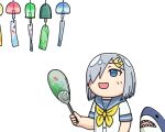  1girl blue_eyes commentary_request grey_sailor_collar hair_ornament hair_over_one_eye hairclip hama!_(3toshinhmkz) hamakaze_(kancolle) hand_fan kantai_collection looking_up neckerchief no_nose paper_fan sailor_collar school_uniform serafuku short_hair silver_hair simple_background solo stuffed_animal stuffed_shark stuffed_toy uchiwa upper_body white_background wind_chime yellow_neckwear 