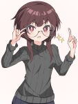  1girl bangs black_sweater bright_pupils brown_hair commentary_request eyebrows_visible_through_hair fang glasses highres index_finger_raised kono_subarashii_sekai_ni_shukufuku_wo! light_blush long_sleeves megumin open_mouth pink_background red_eyes ribbed_sweater round_eyewear short_hair_with_long_locks skin_fang solo sparkle sweater turtleneck turtleneck_sweater upper_body wa_ki_ya_ku white_pupils 