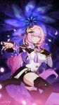  1girl bangs black_legwear blue_eyes dress elysia_(honkai_impact) frilled_sleeves frills gloves hair_ornament highres honkai_(series) honkai_impact_3rd long_hair looking_at_viewer official_art parted_lips petals pink_hair pointy_ears single_glove smile solo swept_bangs thighhighs very_long_hair 