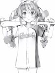  1girl animal_ear_fluff animal_ears ass_visible_through_thighs bangs baseball_bat baseball_uniform blush braid collarbone commentary greyscale hair_between_eyes highres hikimayu holding holding_baseball_bat hololive jersey long_shirt looking_at_viewer monochrome nanashi_(nlo) no_pants on_shoulder rabbit_ears rabbit_girl short_eyebrows sidelocks simple_background smile solo sportswear thick_eyebrows tongue tongue_out twin_braids two-tone_skirt usada_pekora white_background 