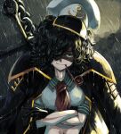  &gt;:) 1girl anchor anchor_symbol ascot bangs bare_arms big_hair black_cloud black_hair chain closed_mouth cloud cloudy_sky coat coat_on_shoulders collared_coat collared_shirt crossed_arms day dripping gloves green_eyes hair_over_one_eye half-closed_eye hat head_tilt highres midriff murasa_minamitsu navel outdoors parted_bangs pipe pipe_in_mouth rain sailor sailor_hat shaded_face shirt sky smile smug solo stomach sunyup touhou upper_body v-shaped_eyebrows water wet wet_clothes wet_face wet_hair wet_shirt wing_collar 