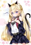  1girl animal_ears bangs bare_shoulders belt between_breasts black_collar blonde_hair blue_eyes blush braid breasts cat_ears cat_symbol cat_tail clenched_hand collar eyebrows_visible_through_hair fake_animal_ears frilled_skirt frills hair_between_eyes hands_up highres long_hair mayu_(sh-n-9) nyan original paw_print purple_eyes red_vest skirt solo speech_bubble tail unbuttoned very_long_hair vest 