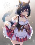 1girl animal_ears artist_name belt black_hair blue_eyes blush breasts brown_belt choker cleavage closed_mouth cocoloco cowboy_shot dated detached_sleeves dirndl eishin_flash_(umamusume) eyebrows_visible_through_hair frilled_sleeves frills german_clothes horse_ears horse_girl horse_tail medium_breasts red_choker short_hair skirt smile solo striped tail twitter_username umamusume vertical-striped_skirt vertical_stripes 