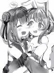  2girls animal_ears bangs bare_shoulders black_dress black_ribbon blush bob_cut boned_meat bow braid closed_eyes commentary detached_sleeves don-chan_(usada_pekora) double_bun dress drooling food greyscale hair_bow hair_ribbon happy heads_together highres hikimayu hololive hug long_hair meat monochrome multiple_girls nanashi_(nlo) nervous rabbit_ears raised_eyebrows ribbon short_eyebrows short_hair shy sidelocks simple_background skull sleeveless smile symbol-shaped_pupils thick_eyebrows thinking thought_bubble twin_braids uruha_rushia usada_pekora virtual_youtuber white_background 