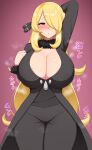  1girl aikome_(haikome) areola_slip areolae black_coat black_pants black_shirt blonde_hair blush breasts breath cleavage coat cowboy_shot curvy cynthia_(pokemon) fur-trimmed_sleeves fur_collar fur_trim grey_eyes groin hair_ornament hair_over_one_eye half-closed_eyes highres huge_breasts long_hair pants parted_lips pokemon pokemon_(game) pokemon_dppt shirt solo sweat thigh_gap very_long_hair 