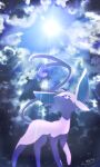  cloud commentary_request espeon forked_tail from_below gen_2_pokemon highres iie_efg no_humans pokemon pokemon_(creature) purple_eyes signature solo standing tail 