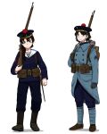  2girls absurdres anyan_(jooho) backpack bag belt belt_pouch black_gloves black_hair blue_coat blue_eyes blue_headwear blue_jacket blue_pants boots brown_footwear coat english_commentary freckles french_navy gloves gun highres holding holding_weapon jacket leg_wrap looking_at_viewer military military_rank_insignia military_uniform multiple_girls original pants pouch rifle shirt simple_background striped striped_shirt uniform weapon white_background world_war_i 