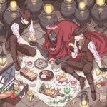  3boys apple arizuka_(catacombe) baguette basket black_gloves black_hair blanket bloodborne boots bread cheese cloak closed_eyes closed_mouth commentary_request cookie cup dark-skinned_male dark_skin doughnut fire flame flower food fork fruit gloves grapes hat head_wreath highres holding holding_cup holding_food holding_hands hunter_(bloodborne) jam jar knife lamp long_pants long_sleeves looking_at_another matchbox matches missing_tooth multiple_boys oedon_chapel_dweller open_mouth pants picnic pie_slice plate pot red_cloak sandwich saucer shirt sitting sleeves_rolled_up smile stone_floor strawberry suitcase tea teacup tile_floor tiles tricorne vest white_flower white_hair white_shirt yellow_eyes 