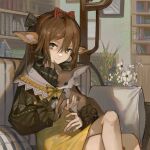  1girl animal animal_ear_fluff animal_ears arknights bangs bookshelf bow brown_eyes chinese_commentary clay_(clayjun) closed_mouth commentary_request couch crossed_legs dress feet_out_of_frame flower fox fox_ears hair_between_eyes hair_bow hairband highres holding holding_animal indoors long_hair long_sleeves looking_at_viewer official_alternate_costume on_couch perfumer_(arknights) perfumer_(leisurely_afternoon)_(arknights) pillow plant potted_plant red_bow red_hairband sitting smile solo striped striped_bow white_flower yellow_bow yellow_dress 