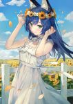  1girl animal_ears blue_hair blue_skirt blue_sky closed_mouth cloud day dress eyebrows_visible_through_hair facial_mark field flower flower_field green_eyes hair_flower hair_ornament highres kobuta long_hair outdoors petals rara_(valis) skirt sky sleeveless sleeveless_dress smile solo sunflower valis_(youtube) white_dress 