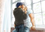  2boys ass black_hair black_hoodie contemporary couple denim earrings hood hoodie imminent_kiss jeans jewelry kokorozashi leg_between_thighs long_sideburns male_focus mature_male multiple_boys muscular muscular_male one_piece pants short_hair sideburns smoker_(one_piece) thighs trafalgar_law white_hair window yaoi 