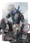  1boy 1girl animal_ears arknights black_gloves black_jacket black_shirt blonde_hair blue_eyes blue_neckwear check_commentary commentary_request durin_(arknights) frown gloves jacket lizard mugikum0 rangers_(arknights) shirt sitting tail 