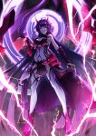  1girl absurdres anzo_(anzu_elichi0928) armor bangs bare_shoulders black_gloves boots breasts cleavage electricity full_body gauntlets gloves glowing glowing_eyes grin hair_between_eyes highres honkai_(series) honkai_impact_3rd horns japanese_armor long_hair looking_at_viewer open_mouth purple_eyes purple_footwear purple_hair raiden_mei raiden_mei_(herrscher_of_thunder) single_gauntlet smile solo teeth thighhighs white_legwear 