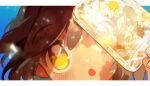  1girl bangs blue_background blush brown_hair chou_ji_yun close-up flower food highres holding holding_food light_particles light_rays looking_at_object open_mouth original popsicle signature solo sunlight twitter_username wind wind_lift yellow_eyes 