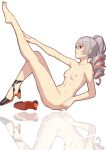  1girl absurdres bangs breasts bronya_zaychik bronya_zaychik_(black_nucleus) drill_hair full_body grey_hair hair_between_eyes high_heels highres honkai_(series) honkai_impact_3rd leg_up meng_xi_ds multicolored_hair navel nipples nude open_mouth red_eyes shoes shoes_removed simple_background single_shoe sitting small_breasts solo streaked_hair teeth white_background 