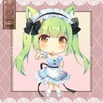  1girl :o animal_ears apron black_bow bow chaodian chibi eyebrows_visible_through_hair green_hair hair_ornament long_hair maid maid_apron maid_headdress orange_eyes shiro_kuma_shake solo twintails virtual_youtuber xinyue_bingbing 