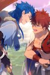  2boys anger_vein angry bangs black_gloves blue_capelet blue_hair cape capelet collarbone commentary_request cu_chulainn_(caster)_(fate) cu_chulainn_(fate) day earrings echo_(circa) emiya_shirou english_text eyebrows_visible_through_hair fate/grand_order fate_(series) fingerless_gloves fur-trimmed_hood fur_trim gloves hair_between_eyes height_difference holding holding_staff holding_sword holding_weapon hood hood_down hooded_capelet japanese_clothes jewelry long_hair looking_at_another male_focus multiple_boys open_mouth outdoors pointy_hair red_eyes red_hair senji_muramasa_(fate) shirtless short_hair single_bare_shoulder sky smile staff sword twitter_username upper_body upper_teeth weapon white_cape yellow_eyes 