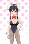  1girl animal_ears bangs bare_shoulders black_hair black_leotard blunt_bangs bow bowtie breasts cato_(monocatienus) cleavage commentary covered_navel detached_collar fake_animal_ears flying_sweatdrops frown hair_tubes hairband hakurei_reimu hand_on_hip heart heart_background highres large_breasts leotard looking_at_viewer pantyhose playboy_bunny polka_dot polka_dot_background rabbit_ears red_neckwear short_hair_with_long_locks sidelocks simple_background solo sweatdrop touhou white_background wrist_cuffs 