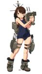  1girl adapted_turret alternate_costume bangs blue_swimsuit brown_eyes brown_hair cannon dd_(ijigendd) full_body highres kantai_collection low_twintails old_school_swimsuit one-piece_swimsuit parted_bangs rigging school_swimsuit shirayuki_(kancolle) short_twintails smokestack solo standing swimsuit torpedo_launcher twintails 