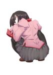  1girl absurdres arms_on_knees bangs black_eyes black_hair black_legwear brown_footwear commentary curled_up downcast_eyes empty_eyes eyelashes from_behind full_body grey_skirt highres knees_apart_feet_together leaning_forward loafers long_sleeves looking_at_viewer looking_back looking_down monogatari_(series) naoetsu_high_school_uniform oshino_ougi pale_skin pantyhose pink_shirt pleated_skirt puffy_sleeves school_uniform shirt shoes shumazarashi simple_background skirt sleeves_past_fingers sleeves_past_wrists solo squatting turning_head white_background 