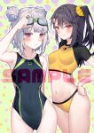  2girls arm_up bangs bare_arms bare_shoulders bikini black_hair black_swimsuit blush breasts broken_heart closed_mouth commentary competition_swimsuit double_bun eyebrows_visible_through_hair flat_chest goggles goggles_on_head grey_hair groin hair_between_eyes hair_ornament hair_scrunchie hand_on_hip heart heart_hair_ornament long_hair looking_at_viewer multiple_girls navel one-piece_swimsuit one_side_up original polka_dot polka_dot_background purple_eyes red_eyes sample scrunchie short_sleeves small_breasts smile swimsuit tokuno_yuika v-shaped_eyebrows yellow_bikini 