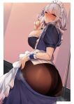  1girl absurdres apron ass ass_focus blue_dress blue_eyes blush bow braid breasts commentary_request dress finger_to_mouth frilled_apron frilled_dress frills green_bow hair_bow highres izayoi_sakuya large_breasts looking_at_viewer maid maid_headdress panties panties_under_pantyhose pantyhose pointing pointing_up puffy_short_sleeves puffy_sleeves sexually_suggestive short_hair short_sleeves shushing silver_hair sinkai solo touhou twin_braids underwear wrist_cuffs 
