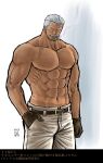  1boy abs alternate_skin_color bara beard belt brown_belt cigar dark-skinned_male dark_skin facial_hair feet_out_of_frame highres kokorozashi large_pectorals leather_belt looking_at_viewer male_focus mature_male muscular muscular_male navel nipples one_piece pants pectorals scar scar_on_chest shirtless short_hair sideburns smoke smoker_(one_piece) smoking solo stomach stubble translation_request white_hair white_pants 