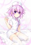  1girl alternate_costume binato_lulu blush dress hair_between_eyes hand_up hat highres holding holding_syringe looking_at_viewer neptune_(neptune_series) neptune_(series) nurse_cap purple_eyes purple_hair short_hair sitting skindentation smile solo syringe thighhighs thighs white_dress white_legwear 