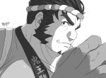  1boy bara chest_hair facial_hair fang goatee greyscale hachimaki happi headband hijirino_yuuta japanese_clothes long_sideburns looking_at_viewer male_focus mature_male monochrome muscular muscular_male nejiri_hachimaki pectorals short_hair sideburns solo tajikarao_(tokyo_houkago_summoners) tokyo_houkago_summoners upper_body 