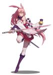  1girl absurdres animal_ears bangs bare_shoulders boots fox_ears fox_mask full_body hair_between_eyes highres holding holding_sword holding_weapon honkai_(series) honkai_impact_3rd japanese_clothes katana long_hair looking_at_viewer mask meng_xi_ds open_mouth pink_hair pink_skirt purple_eyes purple_footwear shadow sheath sheathed simple_background skirt solo standing standing_on_one_leg sword teeth thighhighs weapon white_background white_legwear yae_sakura 