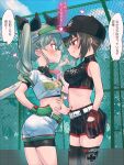  2girls anchovy_(girls_und_panzer) bangs baseball_bat baseball_cap baseball_mitt baseball_uniform bike_shorts bike_shorts_under_shorts black_headwear black_ribbon black_shirt black_shorts blush breath brown_eyes brown_hair chain-link_fence closed_eyes clothes_writing commentary crop_top day drill_hair eisu_(eith) emblem fence from_side girls_und_panzer girls_und_panzer_senshadou_daisakusen! gloves green_belt green_gloves green_hair grimace hair_ribbon half-closed_eyes hand_on_another&#039;s_stomach hand_on_hip hat heart highres holding holding_baseball_bat iron_cross kuromorimine_(emblem) long_hair looking_at_another midriff multiple_girls navel nishizumi_maho outdoors over_shoulder print_headwear print_shirt revealing_clothes ribbon romaji_text shirt short_hair short_sleeves shorts skindentation sleeveless sleeveless_shirt smile sportswear standing sweat thighhighs translated twin_drills twintails visor_cap white_headwear white_shirt white_shorts yuri 